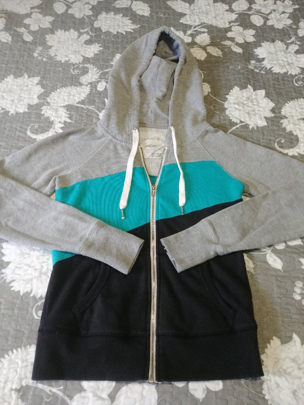 Garage Hoodie, XS , Grey, Aqua & Black ,Draw String, New Condition